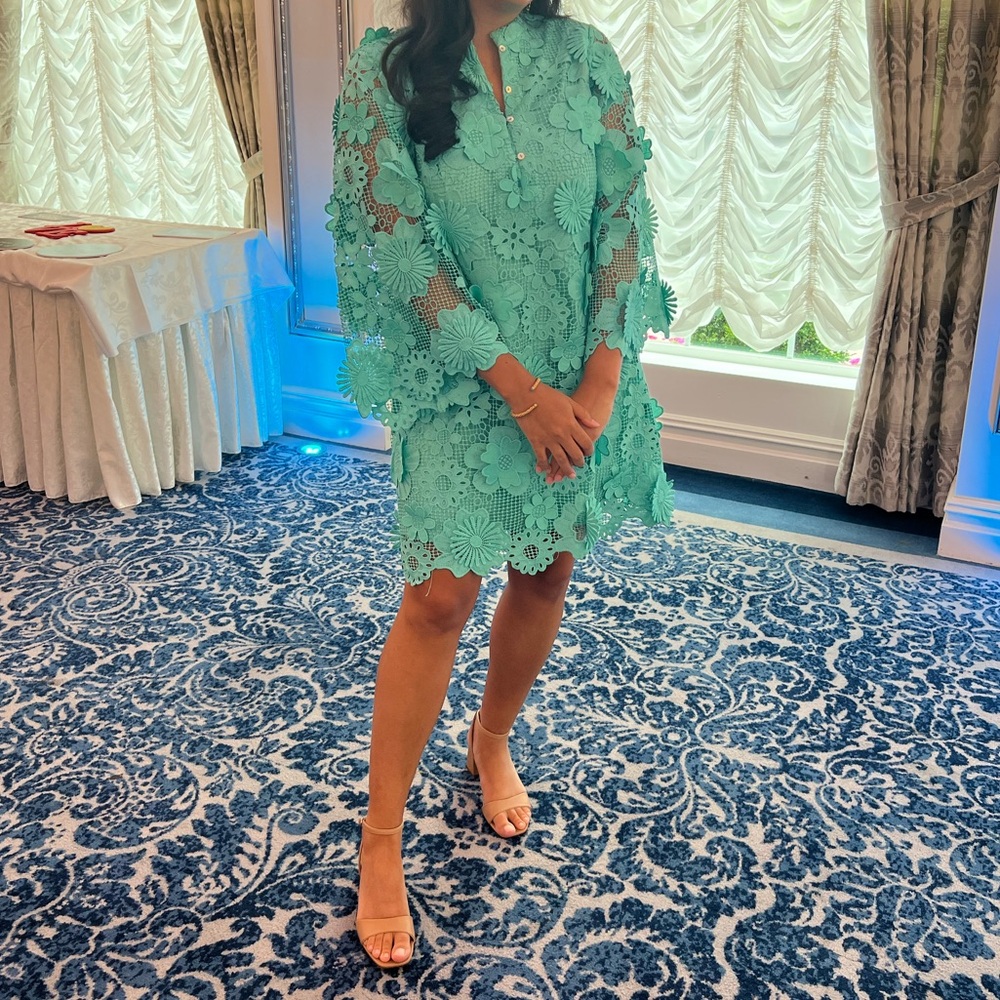 Seraphina Floral Lace Button Up Neck Long Sleeve Shift Dress in Teal